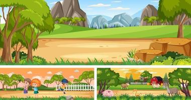 set di diverse scene di paesaggi all'aperto con personaggio dei cartoni animati vettore