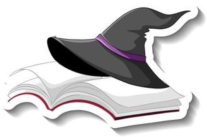 cappello da strega sul libro adesivo cartone animato su sfondo bianco vettore