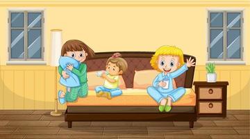 scena della camera da letto con tre bambini in pigiama vettore