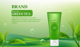 prodotti per la cura della pelle su uno sfondo di tè verde vettore