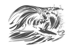 fare surf su un' onda nel il oceano. Surf ciclista su grande onde. surfer vettore illustrazione design per t camicia Stampa o club striscione.