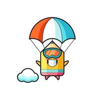 il fumetto della mascotte della matita sta facendo paracadutismo con un gesto felice vettore