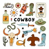 selvaggio ovest e cowboy impostato nel colorato scarabocchio stile con mano disegnato schema. vettore illustrazione con occidentale stivali, cappello, serpente, cactus, Toro cranio, sceriffo distintivo. cowboy tema con simboli di Texas.