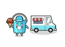 mascotte cartone animato di secchio di plastica con camion dei gelati vettore