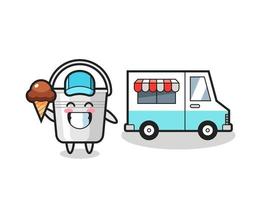 mascotte cartone animato di secchio di metallo con camion dei gelati vettore