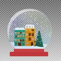 globo di vetro di neve con piccola città in inverno per natale vettore