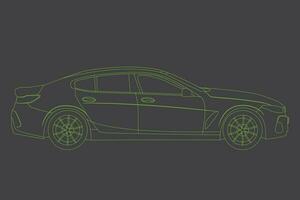 impostato di moderno auto sagome, lato Visualizza. verde neon auto telaio lato Visualizza, bandiera per marketing pubblicità design. vettore illustrazione. isolato su nero sfondo.