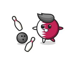 personaggio dei cartoni animati del distintivo della bandiera del qatar sta giocando a bowling vettore