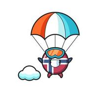 Il fumetto della mascotte del distintivo della bandiera della norvegia sta facendo paracadutismo con un gesto felice vettore