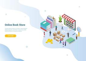 concetto di negozio di libri online 3d isometrico con biblioteca digitale vettore