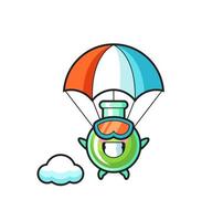 il fumetto della mascotte dei bicchieri da laboratorio sta facendo paracadutismo con un gesto felice vettore
