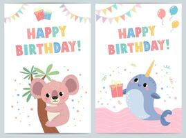 carino compleanno carte per bambini con divertente animali. vettore illustrazione