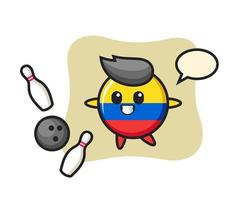personaggio dei cartoni animati del distintivo della bandiera della colombia sta giocando a bowling vettore