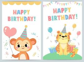 carino compleanno carte per bambini con divertente animali. vettore illustrazione