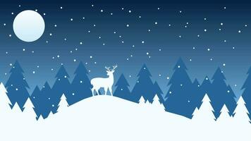 inverno nel il notte paesaggio vettore illustrazione. inverno sfondo con renna e pino foresta a il neve collina. silhouette di freddo stagione paesaggio per sfondo o sfondo