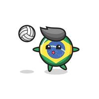 personaggio dei cartoni animati del badge bandiera brasile sta giocando a pallavolo vettore
