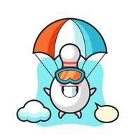 Il fumetto della mascotte del birillo da bowling sta facendo paracadutismo con un gesto felice vettore