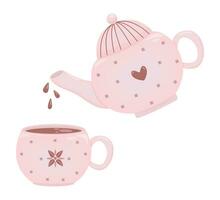 caldo cioccolato bevanda nel rosa teiera e tazza, carino vettore illustrazione