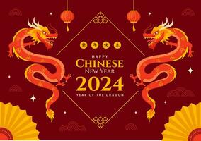 contento Cinese nuovo anno 2024 vettore illustrazione. traduzione anno di il Drago. con fiore, lanterna, draghi e Cina elementi su sfondo