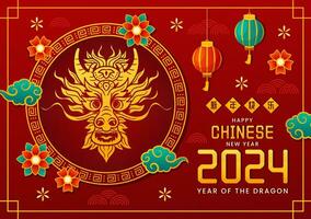 contento Cinese nuovo anno 2024 vettore illustrazione. traduzione anno di il Drago. con fiore, lanterna, draghi e Cina elementi su sfondo