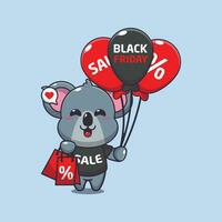 carino koala con shopping Borsa e Palloncino a nero Venerdì vendita cartone animato vettore illustrazione