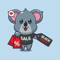 carino koala con shopping Borsa e nero Venerdì vendita sconto cartone animato vettore illustrazione