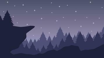 pino foresta paesaggio vettore illustrazione. silhouette di conifero montagna nel il notte con stellato cielo. pino foresta paesaggio per sfondo, sfondo o atterraggio pagina