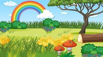 sfondo della scena della natura con arcobaleno nel cielo vettore