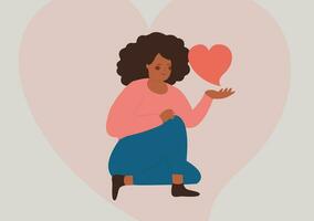 africano americano donna detiene e un' grande cuore. femmina cura un' rosso cuore con cura e amore mentre seduta. donna amore e se stesso accettazione concetto. piatto vettore illustrazione.