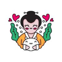 geisha abbraccio bambino orso polare. illustrazione del fumetto. vettore