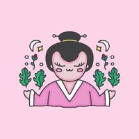 bella geisha con fiori. illustrazione di cartone animato mascotte. vettore