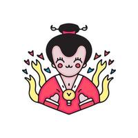 geisha kawaii con simbolo idea. illustrazione del fumetto. vettore