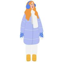 giovane donna nel inverno vestiti.donna indossare sciarpa, guanti, caldo cappotti, stivali. Ciao inverno vettore