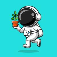 carino astronauta che tiene la pianta in un'illustrazione dell'icona di vettore del fumetto del vaso. tecnologia natura icona concetto isolato premium vettore. stile cartone animato piatto