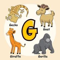 animali alfabeto lettera g per giraffa gorilla geco capra vettore