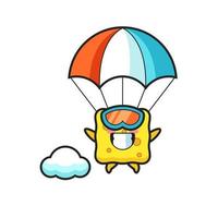 il fumetto della mascotte della spugna sta facendo paracadutismo con un gesto felice vettore