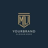 iniziale mu scudo logo monoline stile, moderno e lusso monogramma logo design vettore