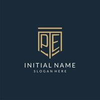 iniziale pe scudo logo monoline stile, moderno e lusso monogramma logo design vettore