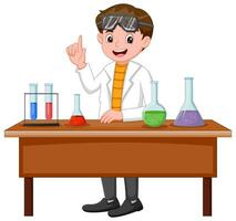 ragazzo scienziato con sicurezza occhiali nel il laboratorio. vettore illustrazione