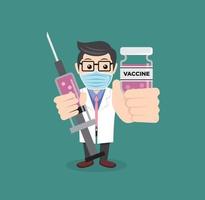 un medico che tiene in mano una siringa e un'illustrazione del design della bottiglia di vaccino vettore