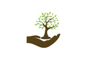 mani umane e albero con foglie verdi. logo, simbolo, icona, illustrazione, vettore, modello, disegno vettore