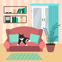 interior design soggiorno con gatto sul divano.