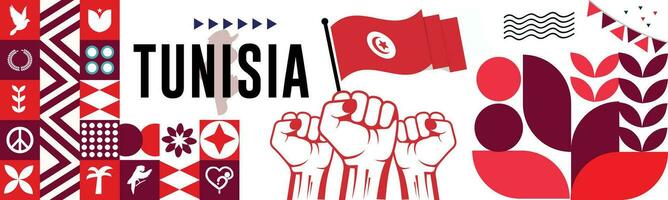 tunisia nazionale giorno bandiera con carta geografica, bandiera colori tema sfondo e geometrico astratto retrò moderno colorfull design con sollevato mani o pugni. vettore