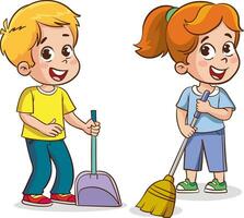contento poco bambini fare lavori di casa e pulizia insieme vettore