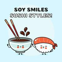 Sushi e soia salsa carattere. vettore mano disegnato cartone animato kawaii personaggi, illustrazione icona. divertente cartone animato contento Sushi e soia salsa amici