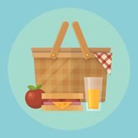 Illustrazione piana del canestro e dell&#39;alimento di picnic. Mela, coperta, sandwich e un bicchiere di succo vettore