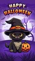 Halloween saluto carta con nero gattino nel strega cappello e Jack o lanterna zucca. notte sfondo con Luna e pipistrelli vettore