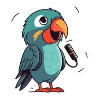 carino cartone animato pappagallo con un' microfono. vettore illustrazione su bianca sfondo.