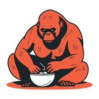 gorilla mangiare un' ciotola di Noce di cocco latte. vettore illustrazione.