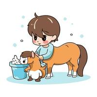 poco ragazzo lavaggio il suo cane con sapone e acqua. vettore illustrazione.